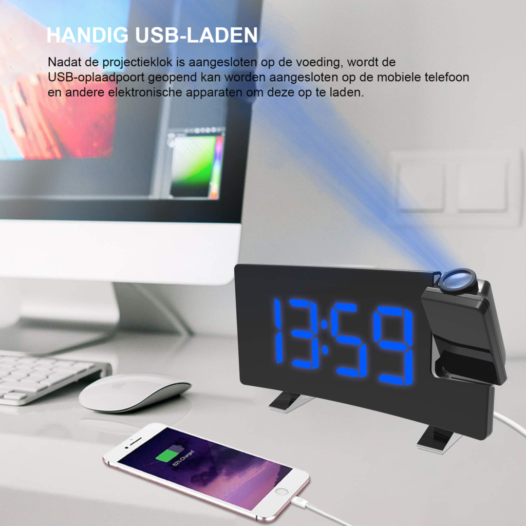 Digitale wekker met 180° projectie, FM radio en USB aansluiting voor slaapkamer of bureau