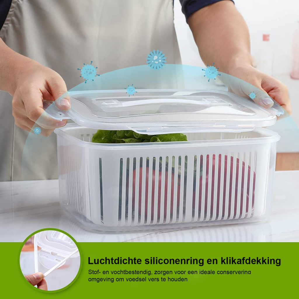 Set van 5 vershoudbakjes met vergiet voor koelkast, groenten, fruit en salades BPA-vrij en magnetronbestendig