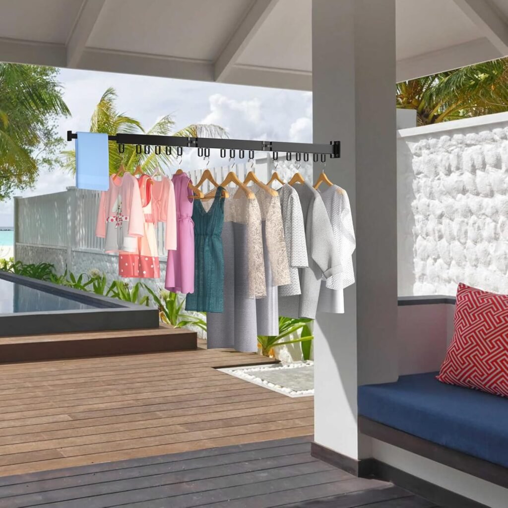 Opvouwbaar zwart wanddroogrek met haken voor kleding drogen binnen en buiten, 3-voudig ruimtebesparend ontwerp