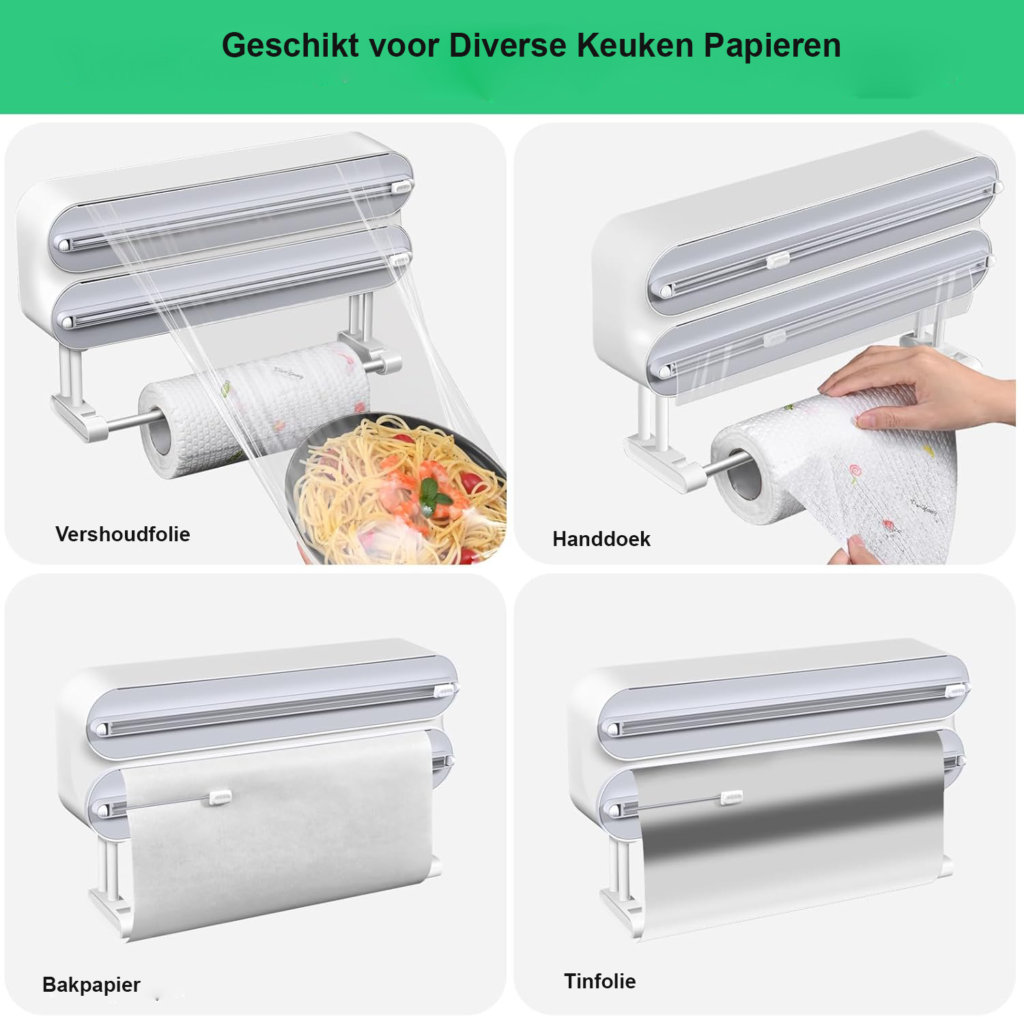 Wandrolhouder keuken met 3 rollen, foliedispenser met snijder en keukenpapierhouder voor vershoudfolie en aluminiumfolie
