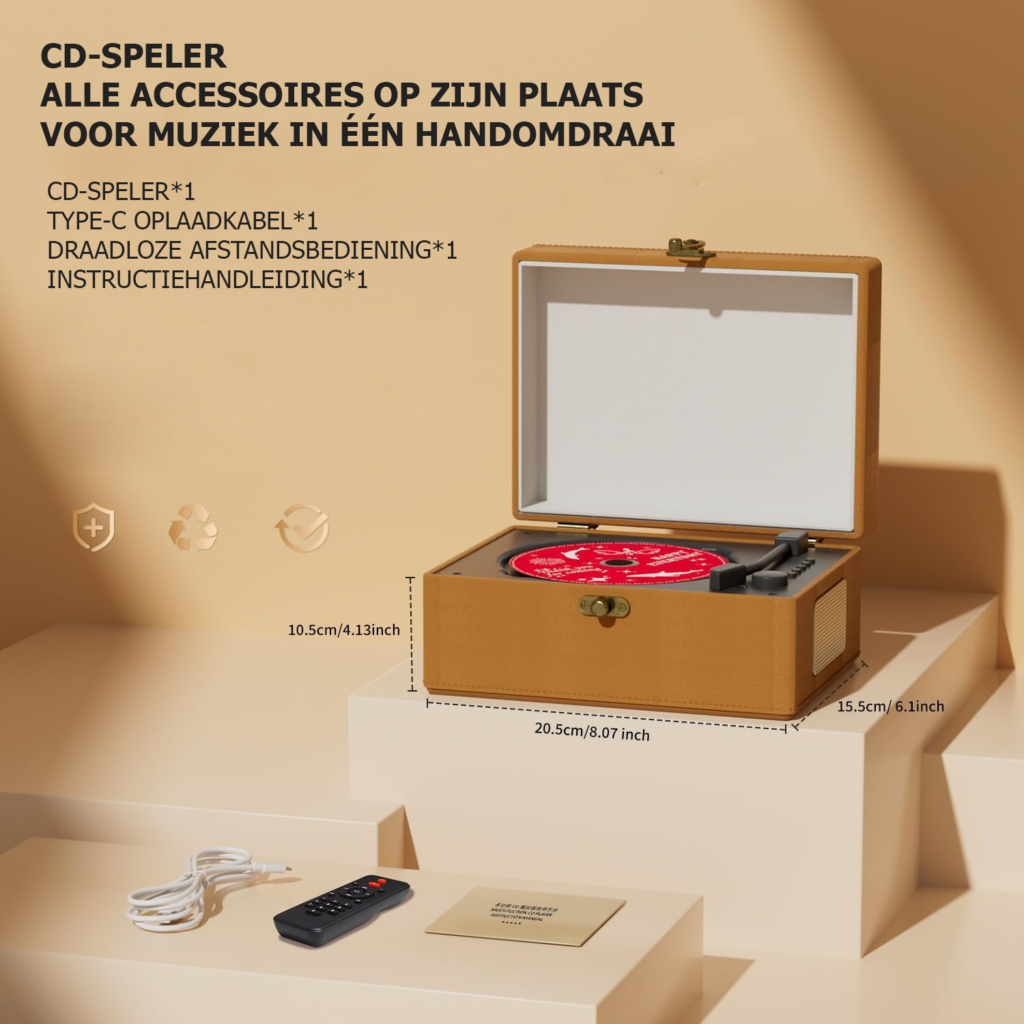 Draagbare bruine leren CD speler met luidsprekers voor woonkamer en interieur