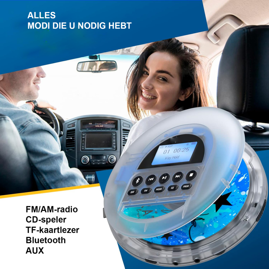 Draagbare CD speler met Bluetooth, FM radio, MP3 ondersteuning en oortelefoons voor onderweg en auto gebruik