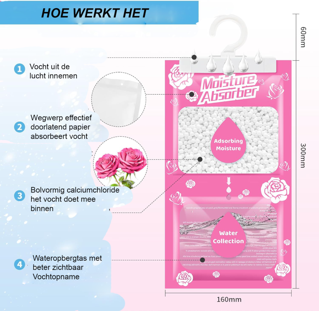 Hangende vochtvreter met rozengeur 230 g - vochtabsorberende zak voor kast, kelder, slaapkamer en wasruimte tegen vocht en schimmel