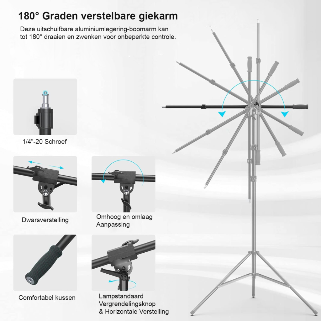 Verstelbaar aluminium lichtstatief 110-280 cm met luchtvering en 1/4 inch schroefdraad voor softbox en studiolamp