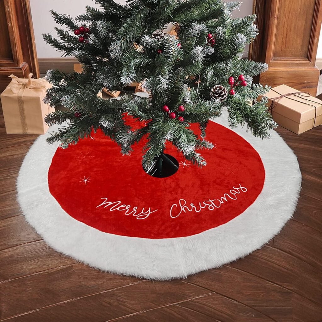Kerstboomkleed van nepbont 120 cm wit met rode rand voor luxe kerstdecoratie en kerstboom rok