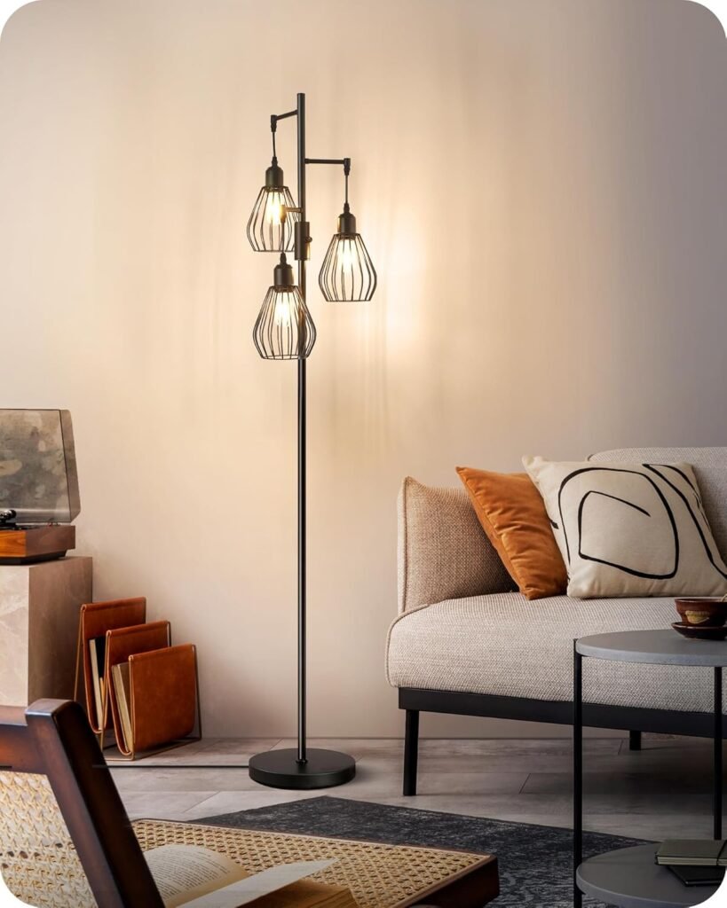 Moderne zwarte vloerlamp 166 cm met drie metalen kappen en LED E27 verlichting voor woonkamer en slaapkamer