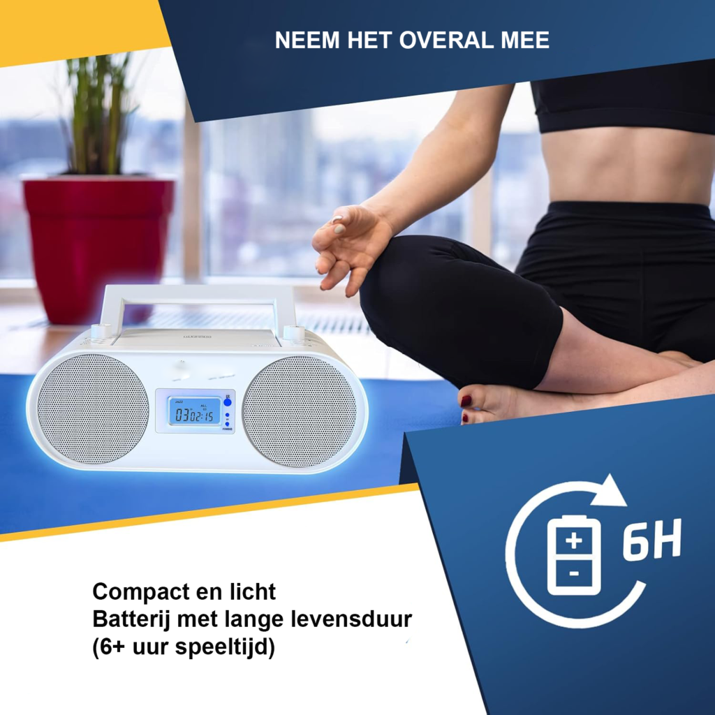 Boombox radio met cd speler en Bluetooth, draagbare muziekspeler met AM/FM radio, MP3, USB, AUX en oplaadbare batterij met afstandsbediening en digitale EQ functie