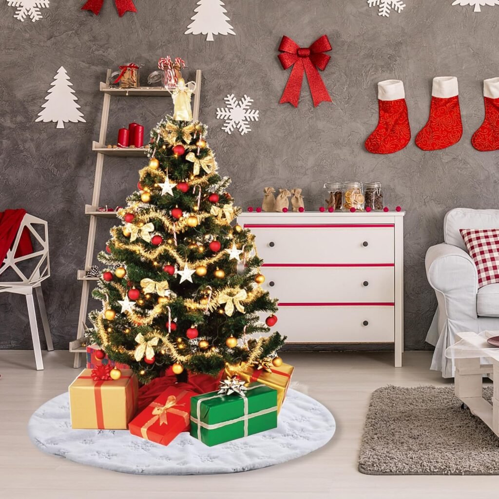 Kerstboomdeken ronde 120 cm wit voor kerstboom met decoratieve kerstboomrok