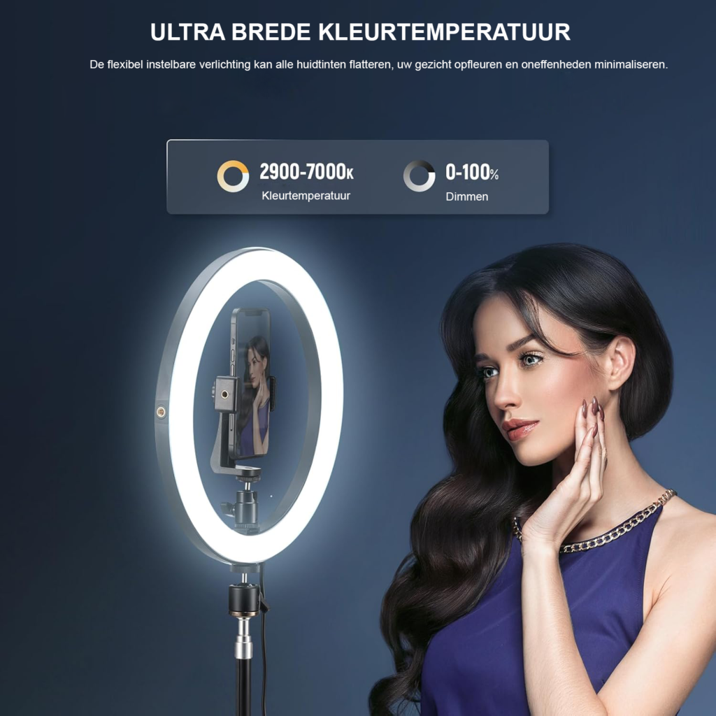 LED ringlamp 12 inch met statief voor make-up, streaming en videobellen USB-C 24W dimbaar