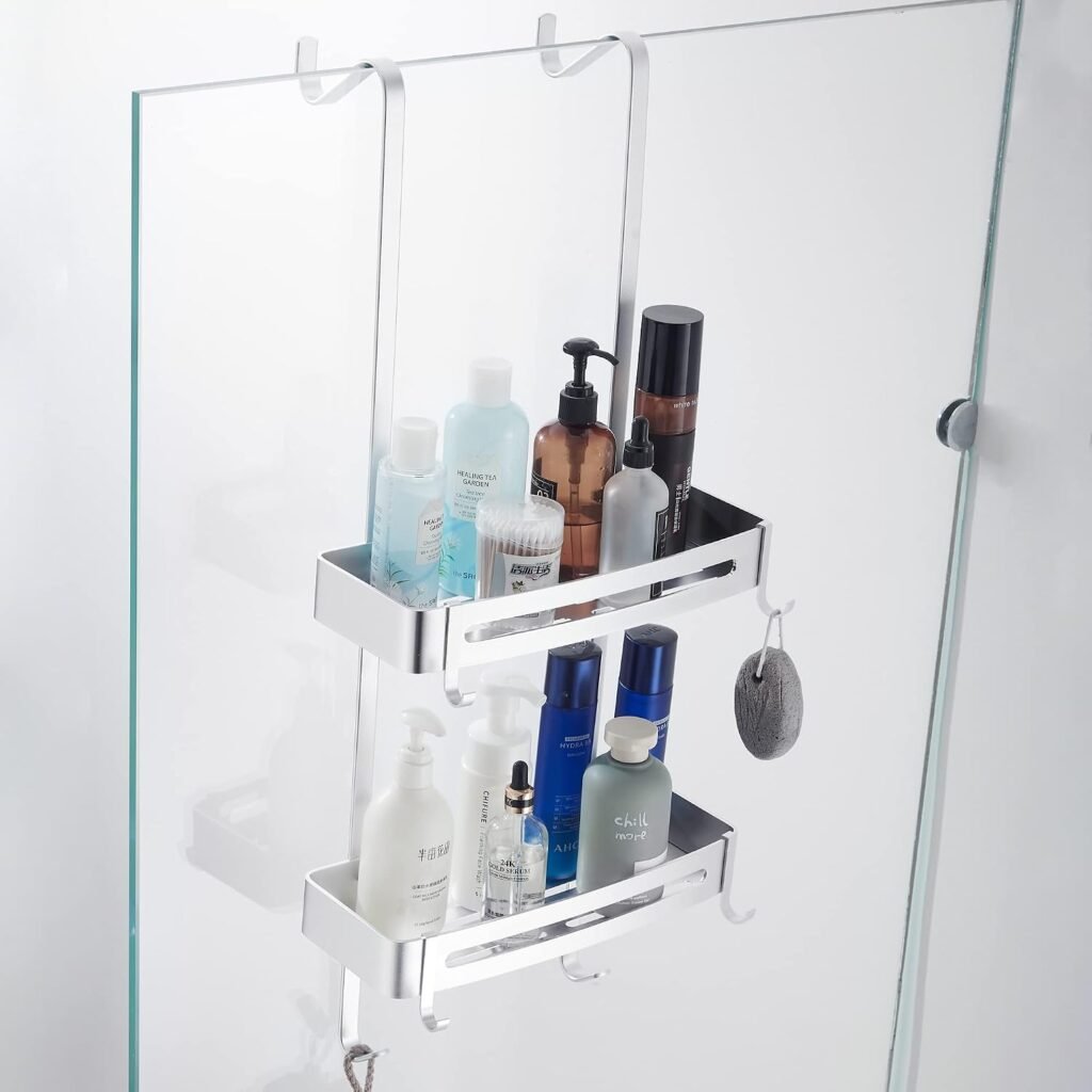 Douche rek over de deur van aluminium met haak, hangende badkamer organizer in zilver voor doucheopslag