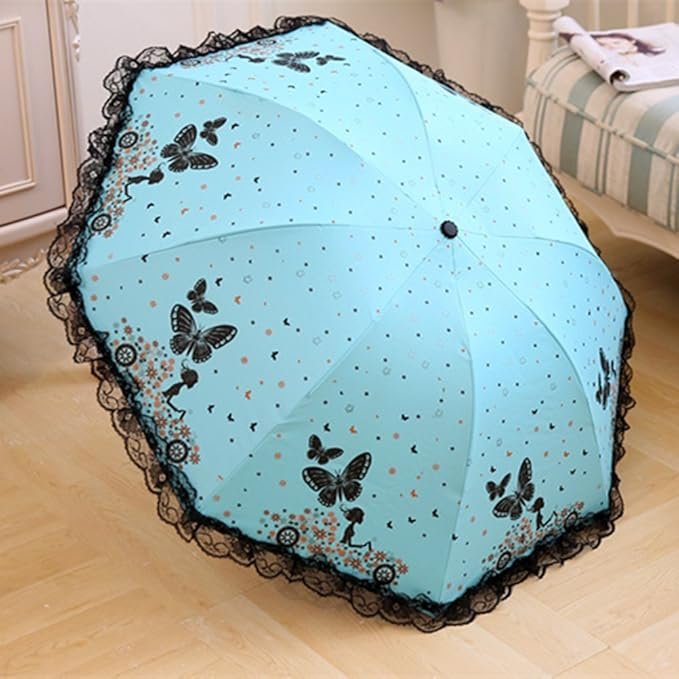 Dames parasol paraplu met UV-bescherming, opvouwbare reisparaplu met kantafwerking en UPF 50+ in compact formaat