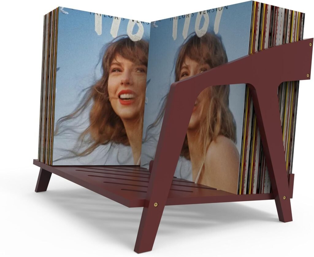 Bamboe vinyl platenhouder in stoelvorm voor LP opslag en CD houder in bruin