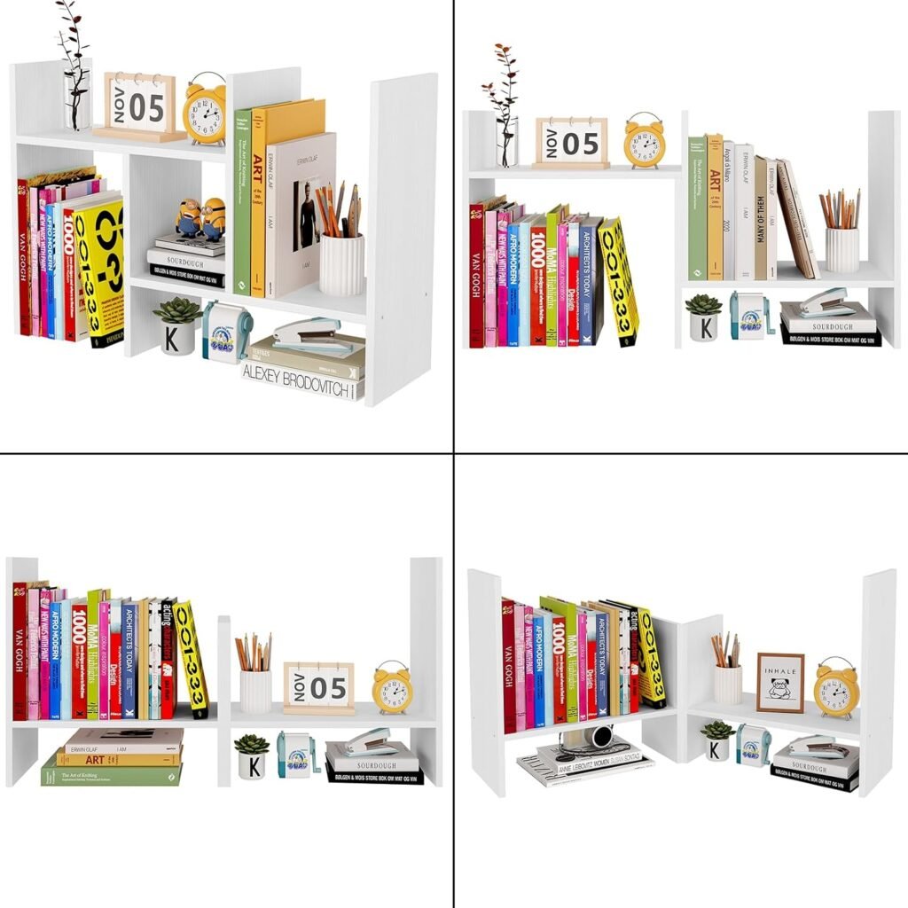 Houten verstelbare bureau organizer boekenrek wit voor boeken, kantooraccessoires en bureau opbergruimte