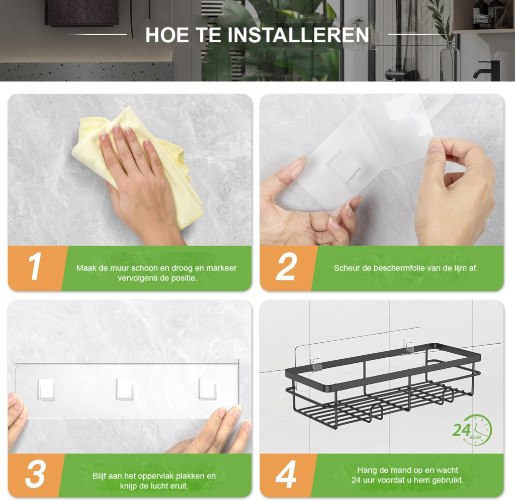 Doucheplank zonder boren set van 4 zwarte doucherekken voor badkamer shampoo houder en ruimtebesparende douche opberging