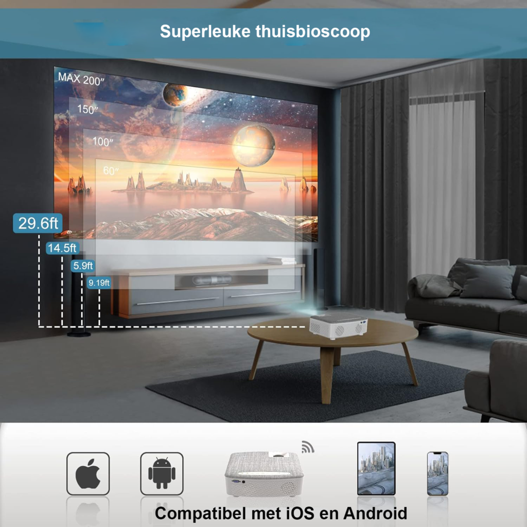 WiFi beamer 7500 lumen projector 120 inch scherm draadloze WLAN Bluetooth 1080p compatibel smartphone tablet Fire Stick ingebouwde luidspreker
