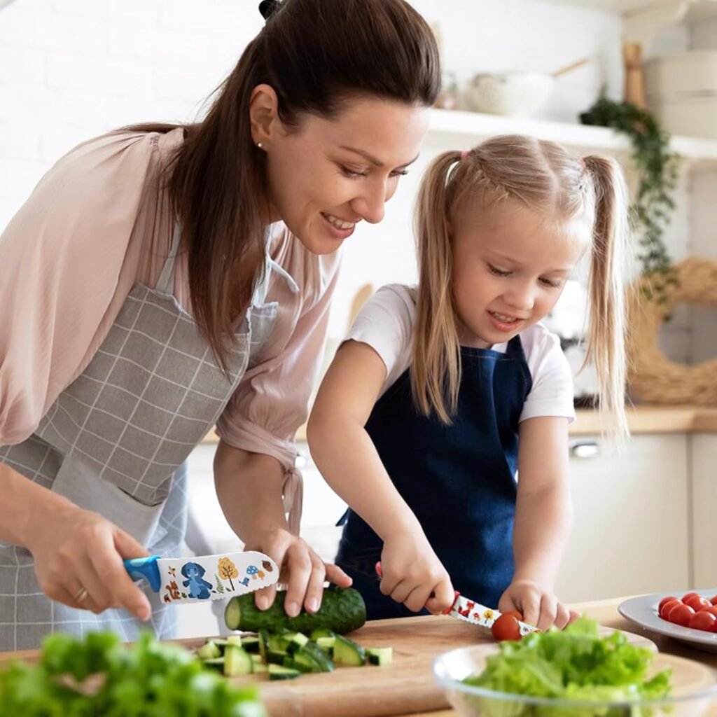 kindermessenset 4-delig veilig rvs lemmet gekarteld houten handvat kindvriendelijke keukenmessen voor groenten en fruit snijden vanaf 3 jaar