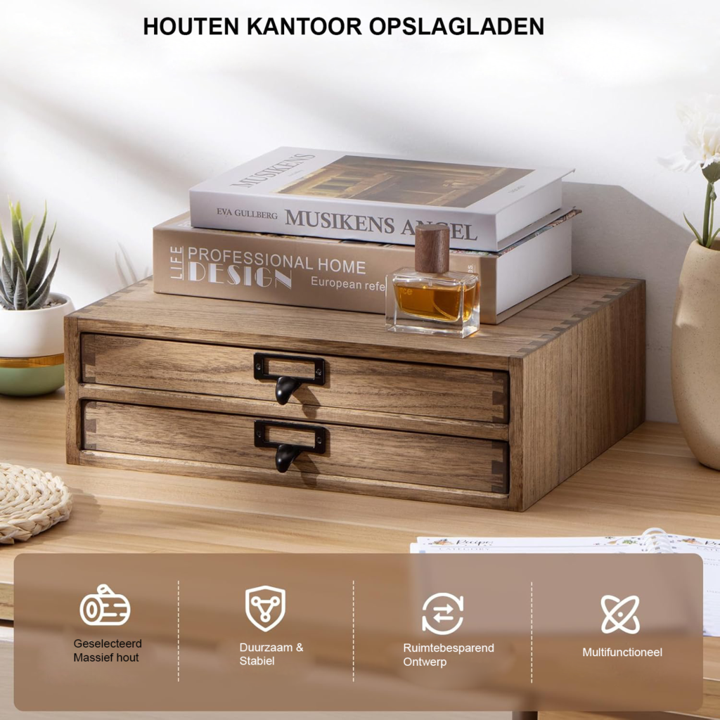 Houten bureau organizer met 3 lades voor kantoorbenodigdheden en sieraden opbergen