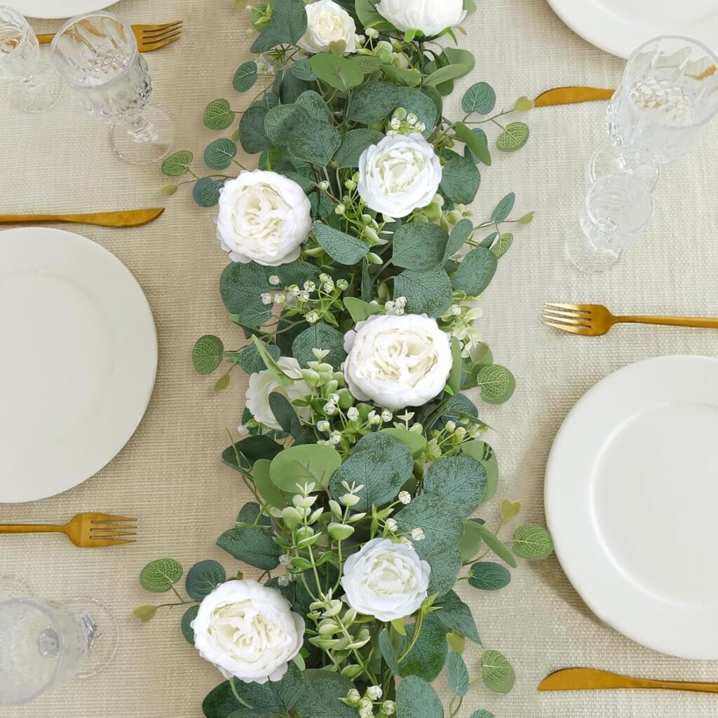 Kunstmatige bloemenkrans set van 2 eucalyptus slinger met witte pioenrozen en rozen wanddecoratie bruiloft deur decor vintage