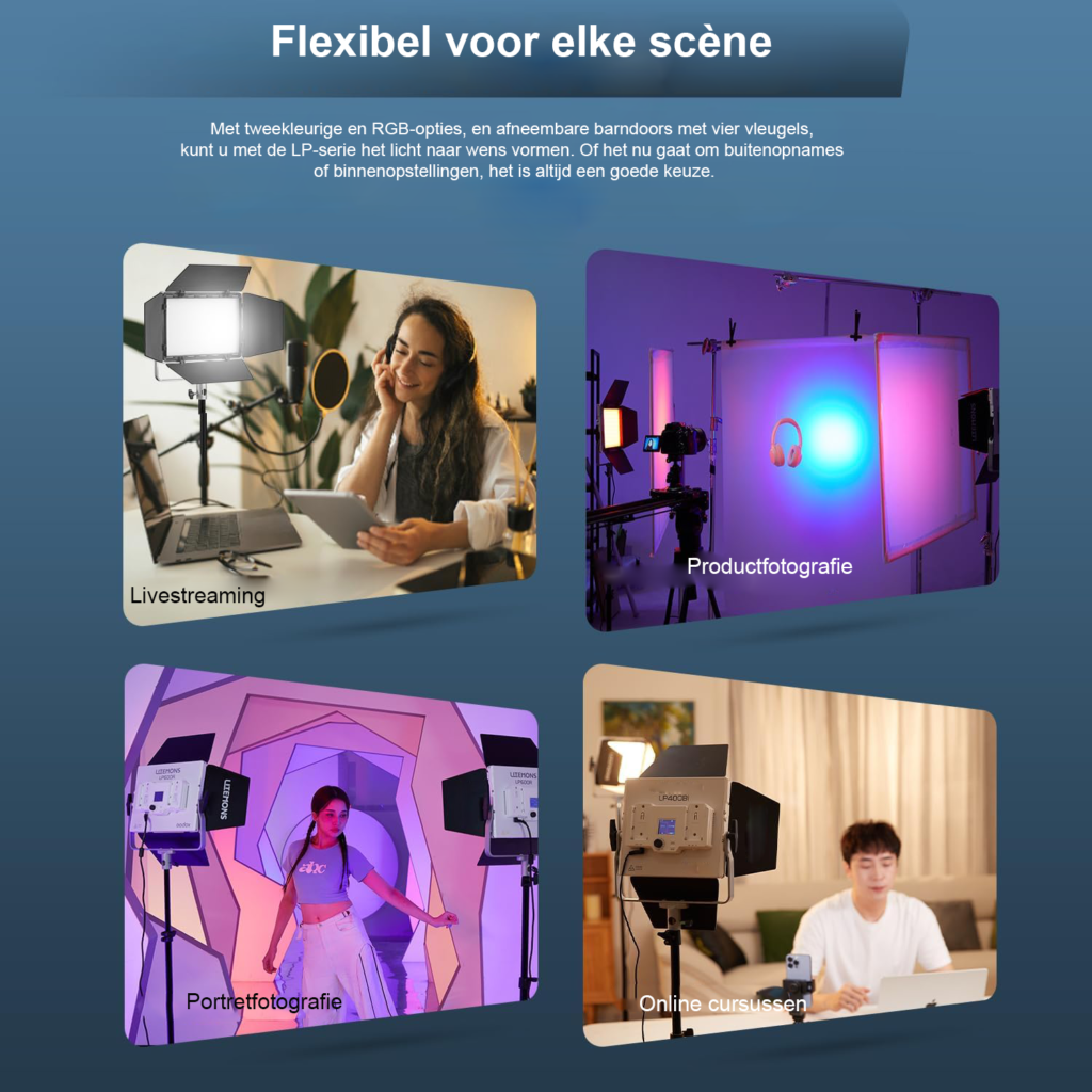 LED videolamp paneel 36W met dimbare twee-tone verlichting, app bediening en 11 FX lichtmodi voor fotografie en video