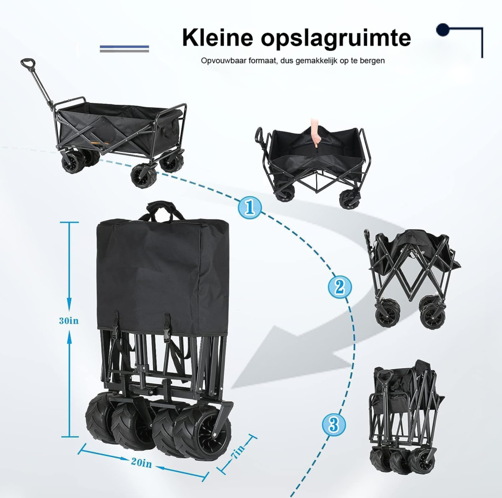 Opvouwbare handkar 160 kg met verstelbare trolley, grote off-road wielen en robuust frame voor outdoor en camping gebruik