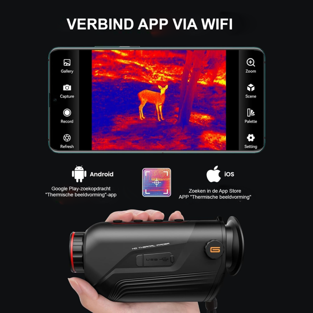 Handheld warmtebeeldcamera met thermische monoculair, 256x192 resolutie, nachtzicht en draadloze connectiviteit voor outdoor gebruik