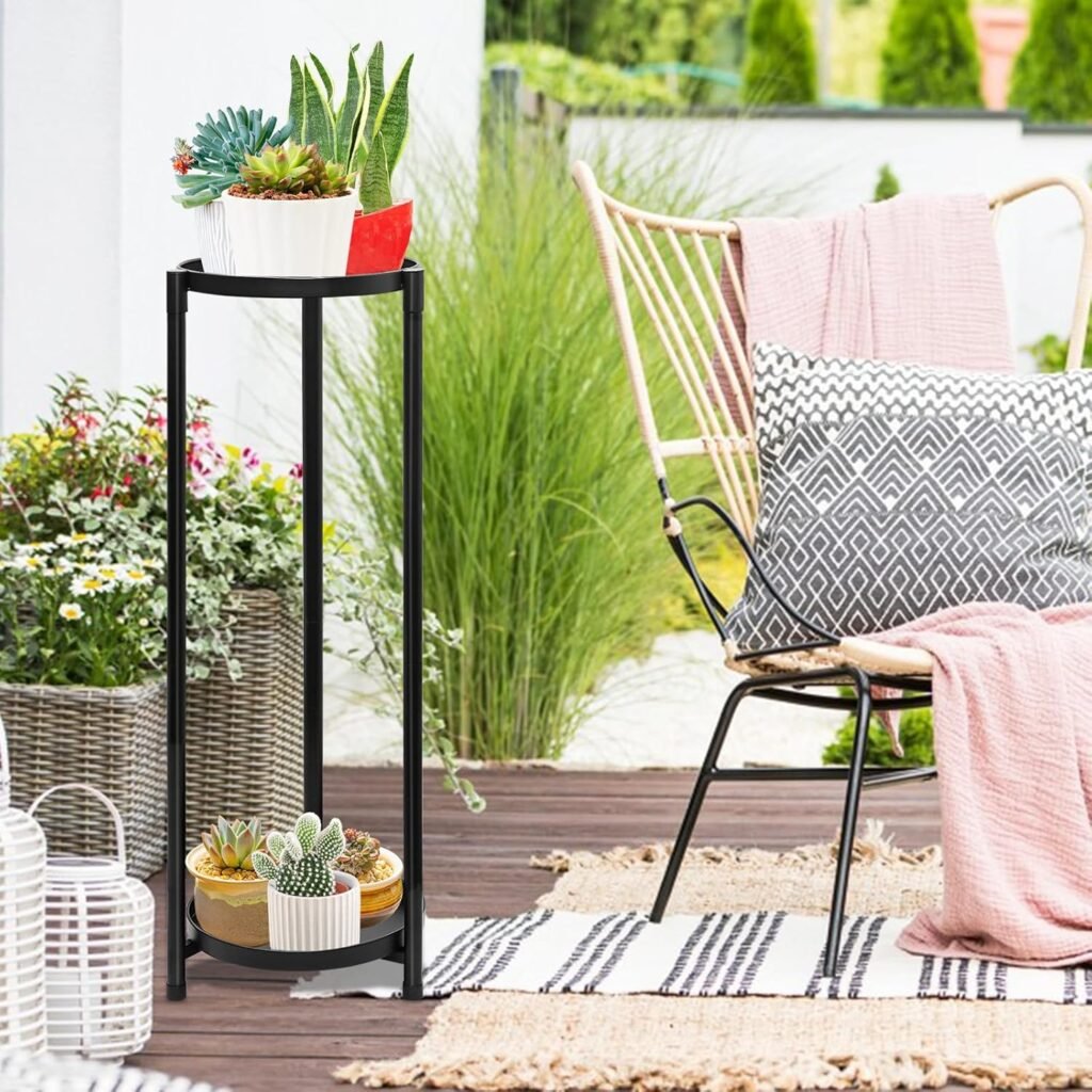 Zwart metalen plantenrek met 2 lagen voor bloemen en planten binnen en buiten