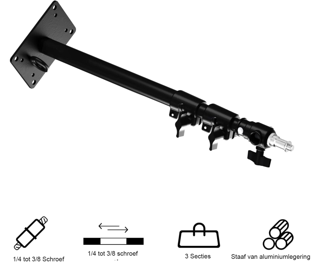 Fotografie muurbeugel met uitschuifbare arm 46,7-103 cm voor videolampen en reflectoren