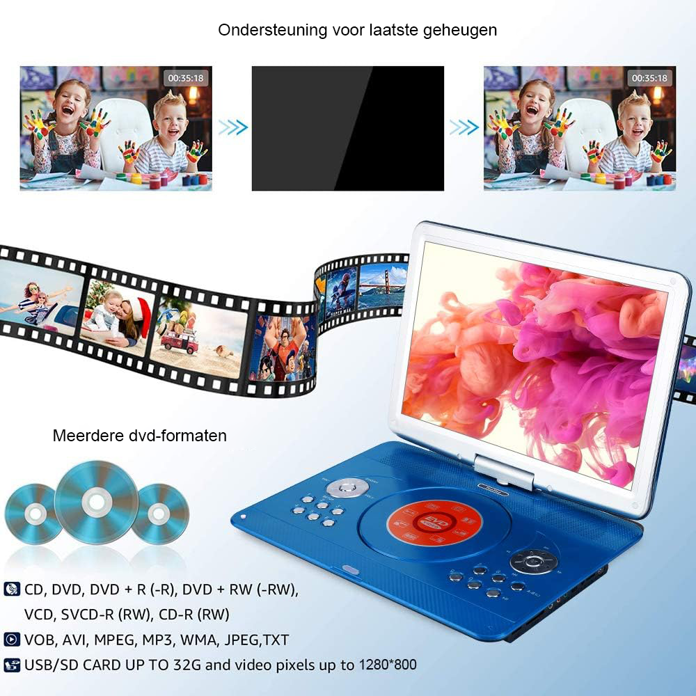 Draagbare DVD-speler met 14.1 inch draaibaar LED scherm, oplaadbaar met autoadapter en afstandsbediening voor reizen en kinderen