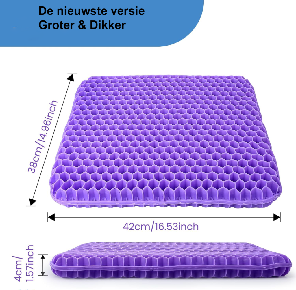 Gel zitkussen paars 43x39 cm met dubbel laag ontwerp, antislip en ademende hoes voor bureaustoel comfort