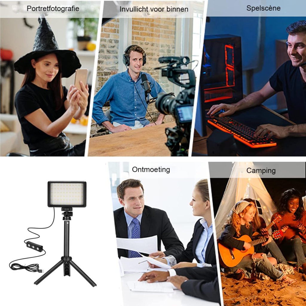 LED videolamp set van 2 met dimbare 5600K USB verlichting, mini statief en kleurfilters voor video-opnames en fotografie