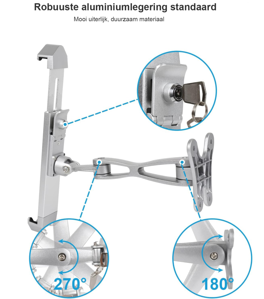 Beveiligde aluminium tablet muurstandaard met vergrendeling en swing arm voor iPad, Surface en Galaxy Tab 9-14 inch