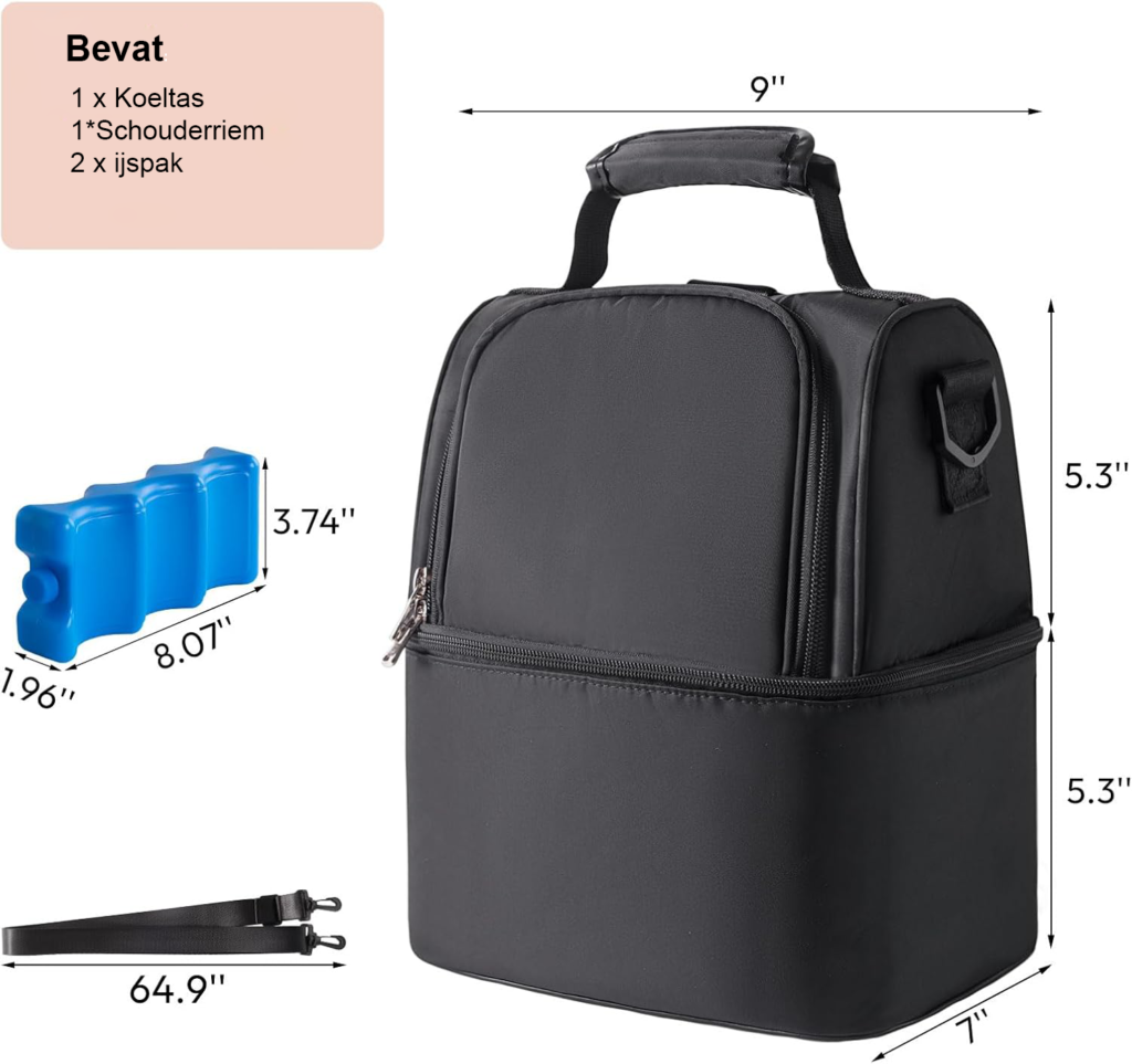 Zwarte koeltas voor moedermelk met ijspack, compacte koelrugzak voor veilig bewaren en vervoeren van moedermelk onderweg
