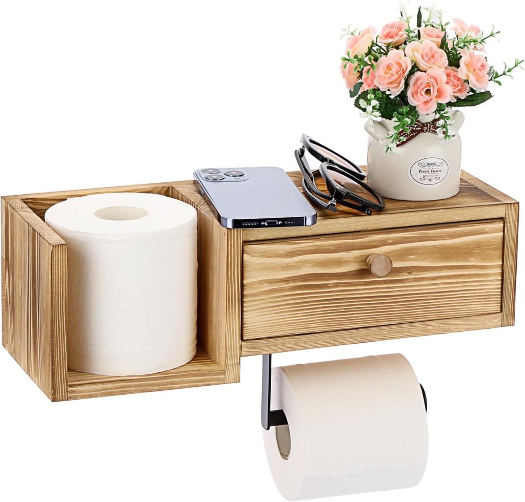 Houten wandgemonteerde toiletpapierhouder met plank, lade en opbergdoos voor badkamerorganisatie