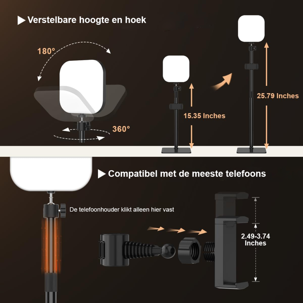 LED videolamp met telefoonhouder en 180 LED's voor videoconferenties, streaming en studiobelichting met USB voeding