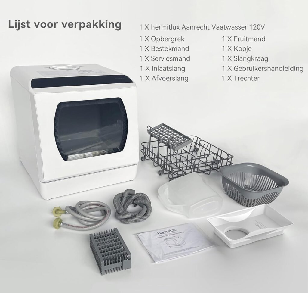 Mini afwasmachine tafelmodel met witte glazen deur voor 4 besteksets en gebruik met of zonder wateraansluiting