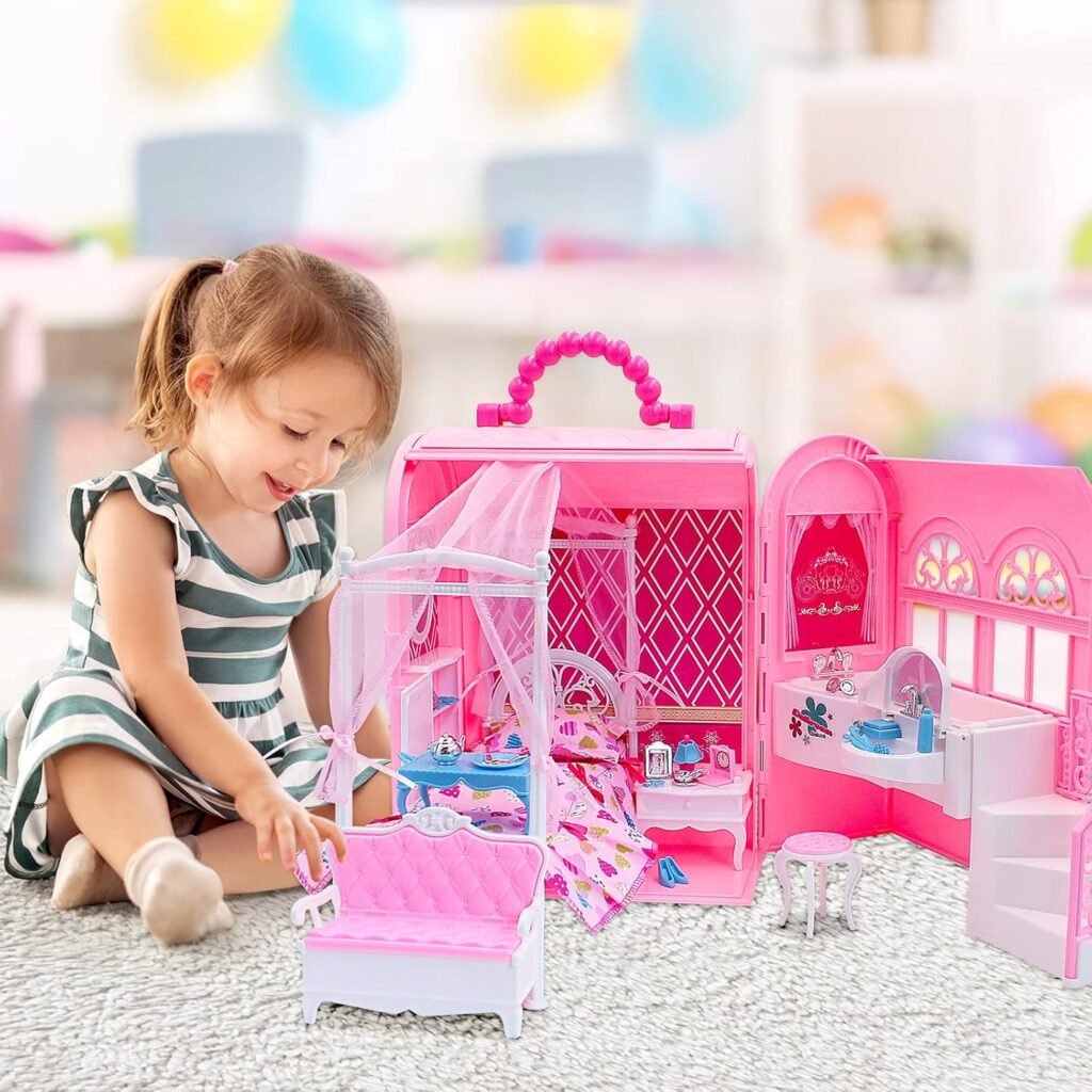 Roze draagbaar poppenhuis met speeltas en prinsessenkamer meubels, opvouwbaar ontwerp voor kinderen