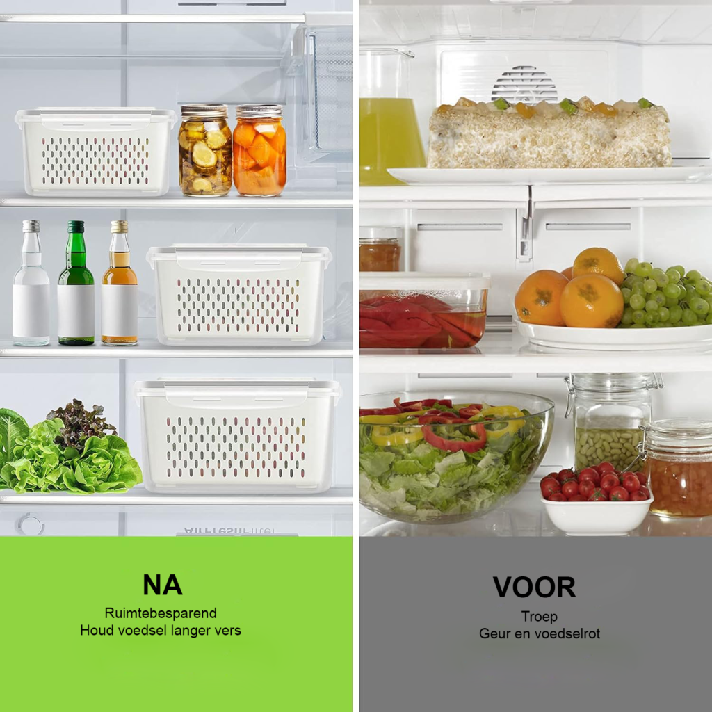 Luchtdichte koelkast organizer set van 3 met stapelbare opbergdozen, deksels en drainagemandjes voor groente en fruit