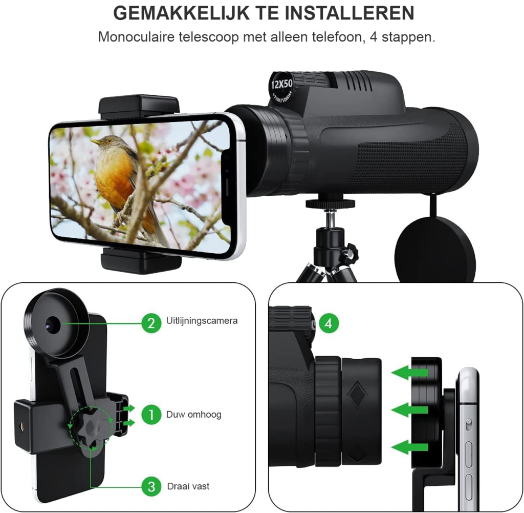 Monoculair 12x50 HD verrekijker met smartphone adapter, multicoated lens voor vogelspotten en outdoor gebruik