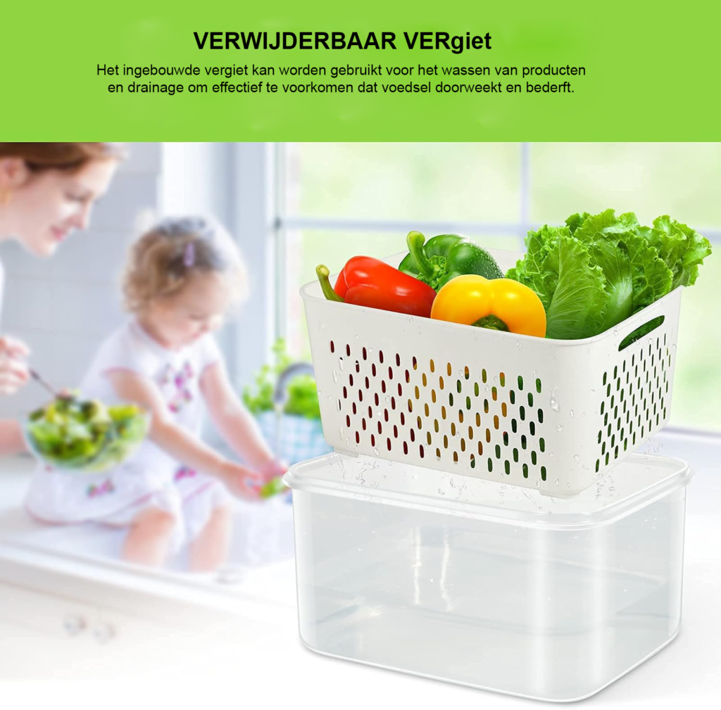 Luchtdichte koelkast organizer set van 3 met stapelbare opbergdozen, deksels en drainagemandjes voor groente en fruit