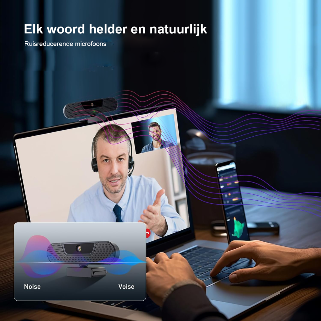 Full HD 1080p webcam met microfoons, statief en plug & play voor Zoom, Skype en FaceTime
