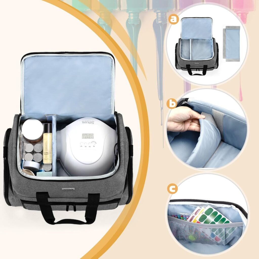 Grijze nagellak organizer tas voor 80 flessen met ruimte voor nageldroger en nagellak accessoires