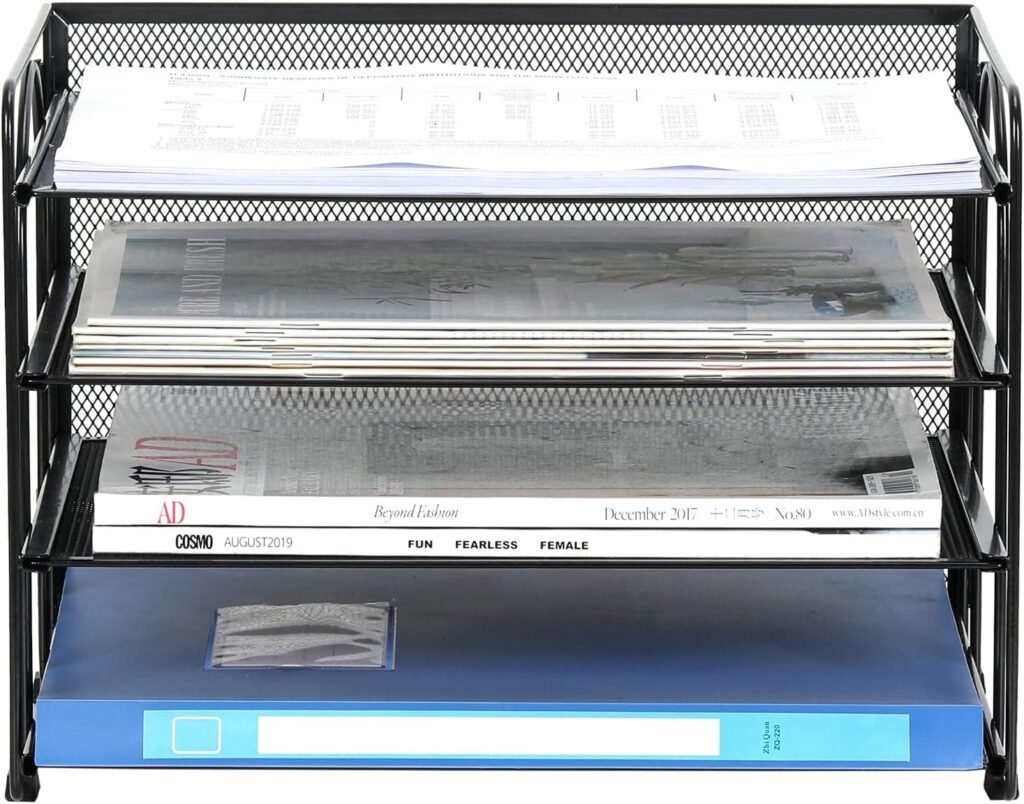 4-laags A4 bureau organizer met mesh opbergrek voor documenten, papieren en tijdschriften in zwart design