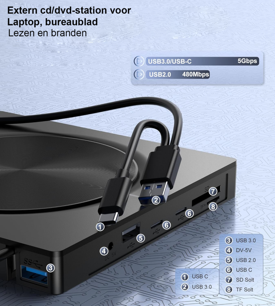 Externe CD DVD speler met USB 3.0 en USB-C aansluiting voor laptop en desktop met draagbare optische drive en SD/TF slot