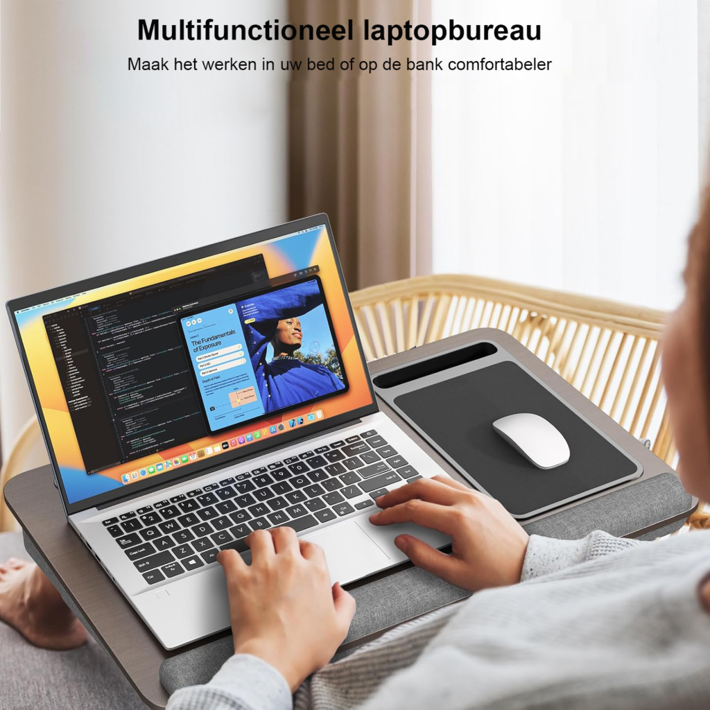 Lapdesk voor laptop tot 17,3 inch met muismat, polssteun en houders voor tablet en telefoon, draagbare laptopstandaard voor thuis en kantoor