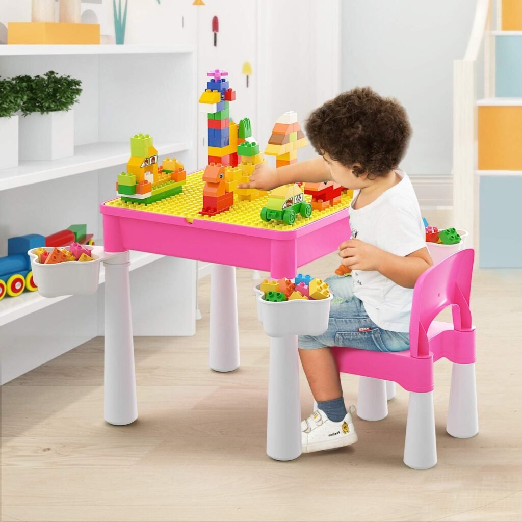 Roze peuter tafel en stoel set met activiteitstafel en 128 creatieve bouwstenen voor kinderen vanaf 2 jaar