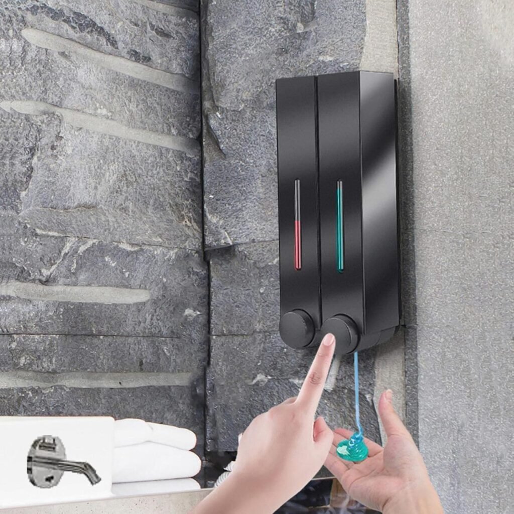 Zwarte dubbele wandmontage zeepdispenser voor douchegel en shampoo in badkamer met vloeistofreservoir voor badkamer, keuken en kantoor