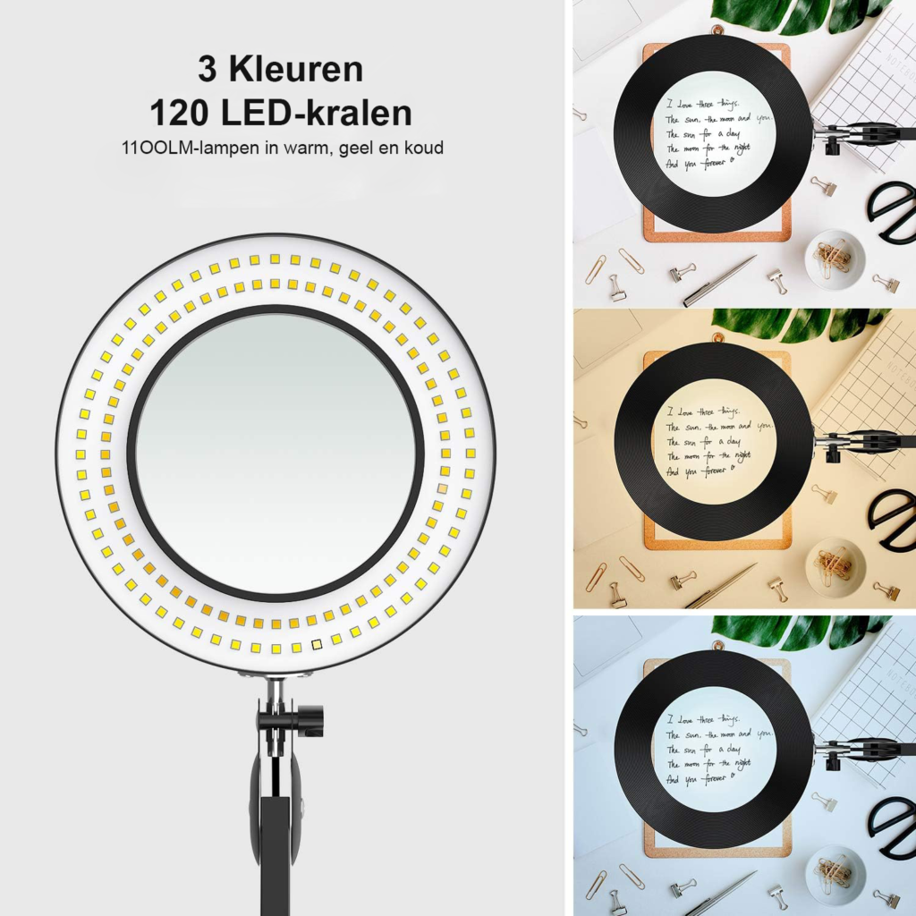 LED Vergrootglas Lamp 5 Diopter - Bureau Lamp met Glazen Lens en Dimbare Verlichting - 3 Kleurmodi voor Werkplek en HobbyDe LED vergrootglas lamp is de perfecte keuze voor iedere werkplek die vraagt om precisiewerk en helder zicht. Of je nu een hobbyist bent die met breien, modelleren of sieraden werkt, of een professional die een fijne werkplek vereist, deze lamp biedt alles wat je nodig hebt. De grote vergrootglas lens van 125 mm, gecombineerd met dimbare LED-verlichting in drie verschillende kleurmodi, maakt dit product ideaal voor een breed scala aan toepassingen. Van het lezen van kleine letters tot het uitvoeren van reparaties, met deze lamp wordt alles kristalhelder en gedetailleerd weergegeven.  Voordelen  Dimbare LED-verlichting met 3 kleurinstellingen.  Grote 125mm lens voor een gedetailleerd en vergroot beeld.  5-diopter optische vergroting voor helder zicht.  Handige klemstandaard voor ruimtebesparing.  Robuuste en aanpasbare arm voor flexibel gebruik.  USB-verbinding voor gemak en mobiliteit.  Energiezuinige verlichting met lage verbruikskosten.  Grote 125mm 5-Diopter Vergrootglas Lens De vergrootglas lamp is uitgerust met een grote lens van 125 mm, die zorgt voor een vervormingsvrij en vergroot beeld van objecten. De 5-diopter vergroting is ideaal voor veel verschillende werkzaamheden zoals modelleren, breien, knutselen, en het inspecteren van gedetailleerd werk. Deze lens biedt een uitstekend compromis tussen vergroting en de mogelijkheid om het volledige werkoppervlak goed te overzien. Dankzij de grote lens heb je een breder zichtveld, waardoor het gemakkelijker is om meerdere objecten tegelijk te inspecteren of te werken.  Dimbare Verlichting met 3 Kleurinstellingen De lamp is uitgerust met 120 energiezuinige LED's die kunnen worden aangepast naar drie verschillende kleurinstellingen: warm geel, koud wit en een neutrale kleurtemperatuur. Dit stelt je in staat om het licht aan te passen aan je werkbehoeften, of je nu gedetailleerd wilt werken met warme verlichting of koelere verlichting nodig hebt voor een beter contrast. Daarnaast is de helderheid dimbaar, zodat je de intensiteit van het licht kunt afstemmen op de specifieke taak die je uitvoert.  Flexibele en Stabiele Arm De lamp is voorzien van een robuuste, in hoogte verstelbare arm die 220° kan draaien en 360° rotatie mogelijk maakt. Dit biedt een enorm werkbereik van 20 cm tot 100 cm, waardoor je de lamp in de ideale positie kunt plaatsen voor optimaal zicht. De stevige arm zorgt ervoor dat de lamp stabiel blijft, zelfs bij het aanpassen van de positie. Dit voorkomt bewegingen of wiebelen, wat essentieel is voor gedetailleerd werk.  Ruimtebesparend Ontwerp met Klemstandaard Met de klemstandaard kun je de lamp eenvoudig vastzetten op een bureau of werkplek tot een dikte van 8 cm. Dit bespaart waardevolle ruimte op je werkoppervlak en maakt het mogelijk om de lamp op verschillende plaatsen te gebruiken. De stevige klem zorgt ervoor dat de lamp veilig en stabiel blijft, zelfs als je de positie aanpast. Dit maakt het een ideale oplossing voor kleinere werkplekken waar ruimte schaars is.  Super Draagbaar en USB-aansluiting De lamp wordt geleverd met een USB-kabel, waarmee je de lamp gemakkelijk kunt aansluiten op een computer, powerbank, adapter of direct op een stopcontact. Dit maakt de lamp bijzonder draagbaar en praktisch voor verschillende werkplekken, of je nu thuis werkt of onderweg bent. De USB-aansluiting biedt meer flexibiliteit en zorgt ervoor dat je altijd de juiste verlichting hebt, waar je ook bent.  Verpakkingsinhoud  1x LED Vergrootglas Lamp met klemstandaard  1x USB-kabel voor aansluiting  1x Handleiding  Product Specificaties  Vergrootglas lens van 125 mm  5-diopter vergroting  120 LED-lampjes  Dimbare verlichting met 3 kleurinstellingen (warm geel, koud wit, neutraal)  Verstelbare arm met 220° verticale en 360° draaibare positie  Klemstandaard geschikt voor oppervlakken tot 8 cm dik  Energiezuinige LED-lampen (energieklasse F)  USB-aansluiting voor voeding  Ideaal voor hobbyisten, modelbouwers, sieradeninspectie, breien, reparaties, en meer  Met deze veelzijdige en robuuste vergrootglas lamp kun je met gemak allerlei fijne details inspecteren of projecten uitvoeren die een hoge precisie vereisen. Maak jouw werkplek compleet met de LED vergrootglas lamp en ervaar het verschil in helderheid en gemak! Bestel nu en geef je werkplek een boost in efficiëntie en comfort!