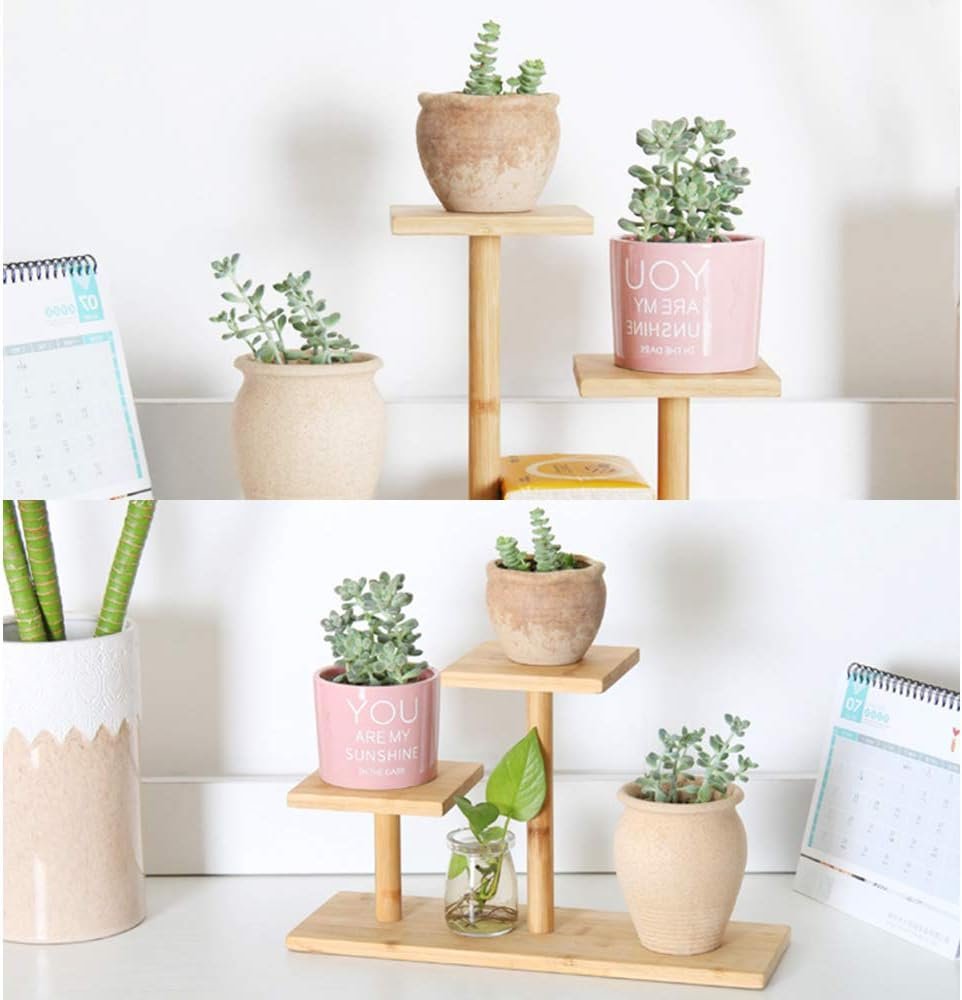 Bamboe plantenrek 3 laags tafelmodel voor succulenten en planten op bureau, balkon, tuin of patio