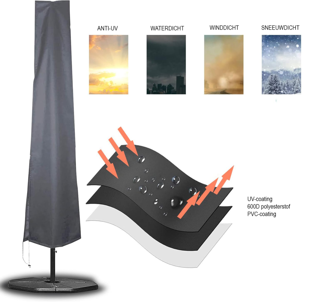 Parasolhoes grijs waterdicht 600D Oxford beschermhoes met rits voor tuinparasol 1.8 tot 3.4 meter UV en regenbescherming 190x25x48 cm
