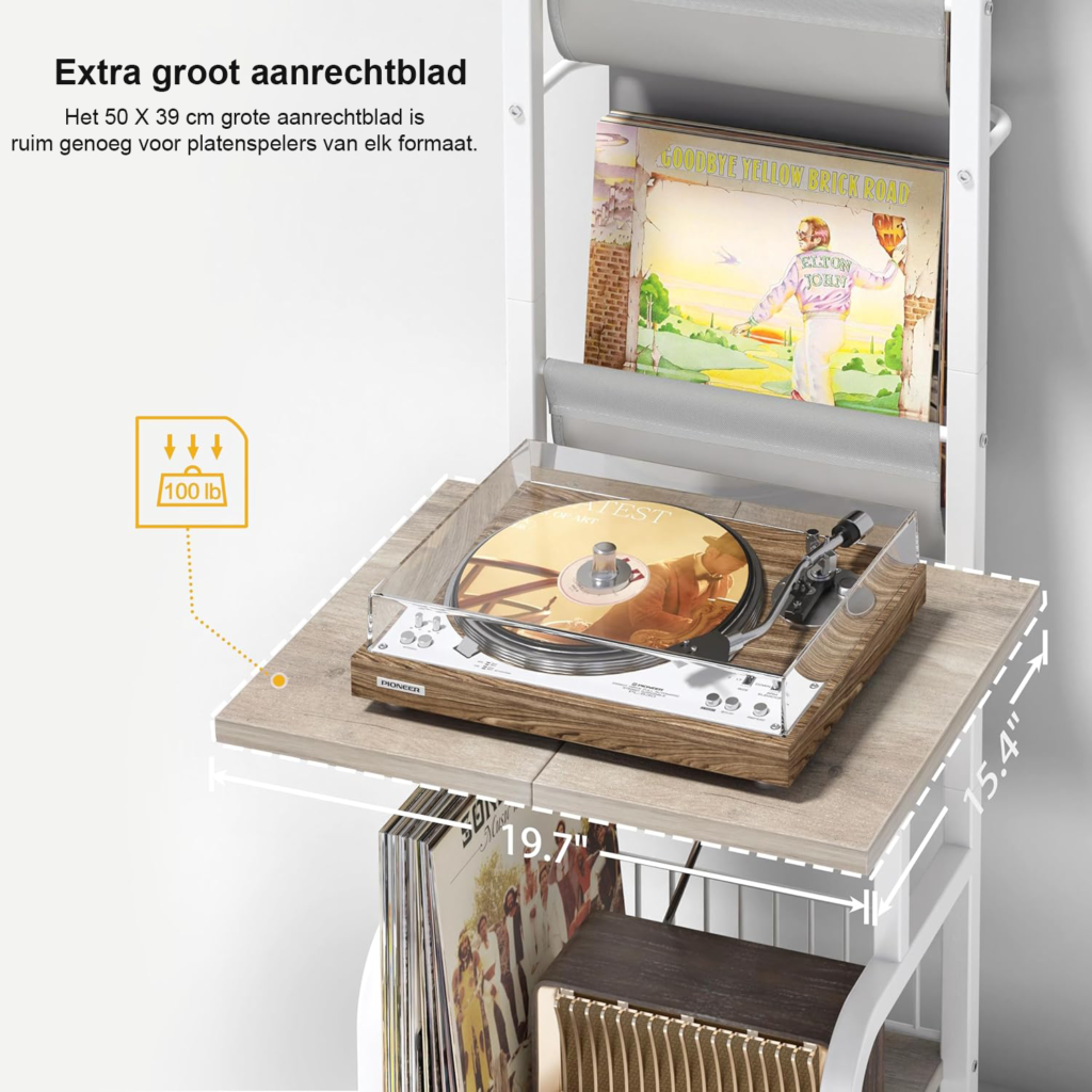 Witte platenspeler standaard met vinyl platenopslag en LP rek voor 200 albums